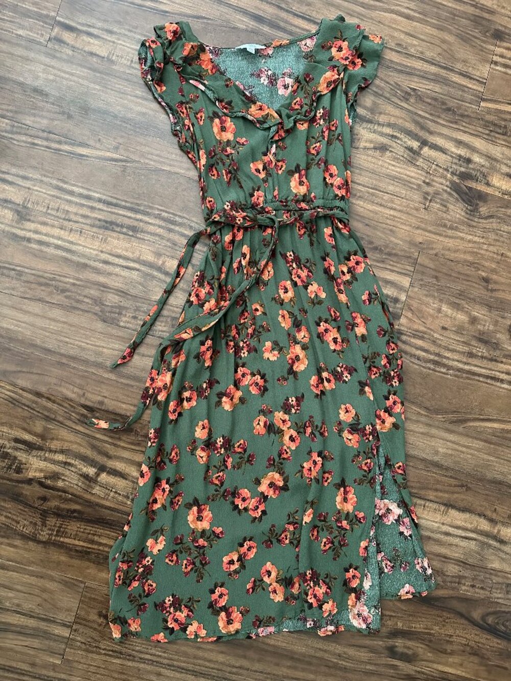 Time and Tru Olive Green and Orange Floral Dress XS
